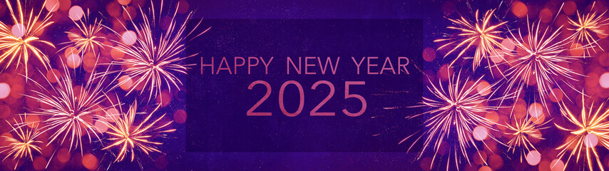 HAPPY NEW YEAR 2025 Silvester Party Celebration background banner panorama long- Pink yellow firework and bokeh lights on dark purple night texture.