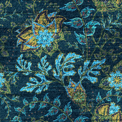 Blue denim with colorful floral print. Vector seamless wallpaper.