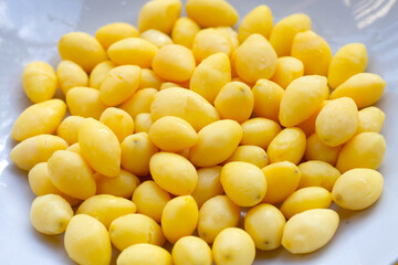 Boiled ginkgo nuts on white background.
