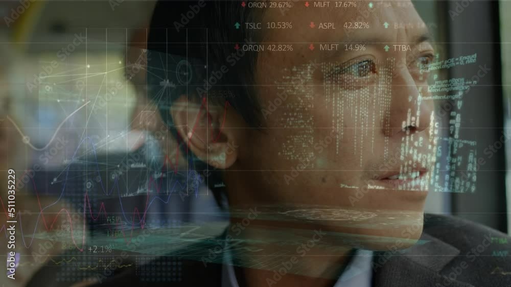 Poster animation of data processing over asian businessman in bus