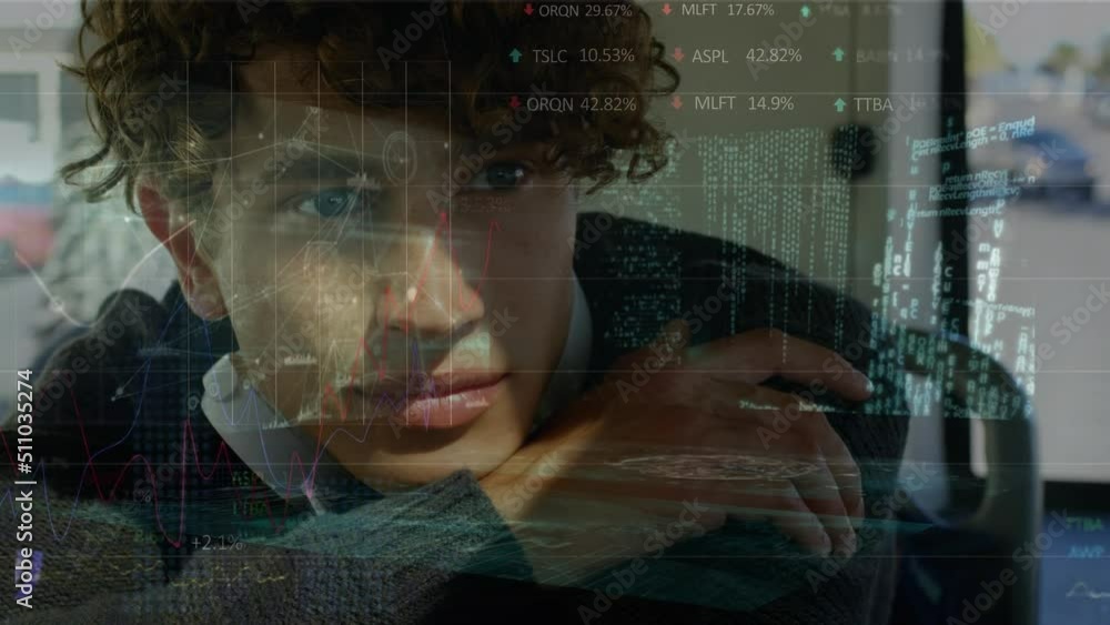 Aufkleber animation of data processing over caucasian businessman in bus