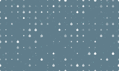 Seamless background pattern of evenly spaced white Christmas tree toys of different sizes and opacity. Vector illustration on blue gray background with stars