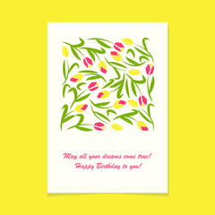 Postcard with birthday greetings. Birthday card with tulips. Colored tulips yellow and red with leaves. Prepared birthday card for congratulations.