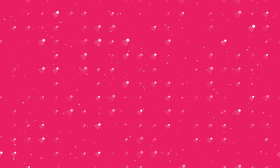 Seamless background pattern of evenly spaced white satellite symbols of different sizes and opacity. Vector illustration on pink background with stars