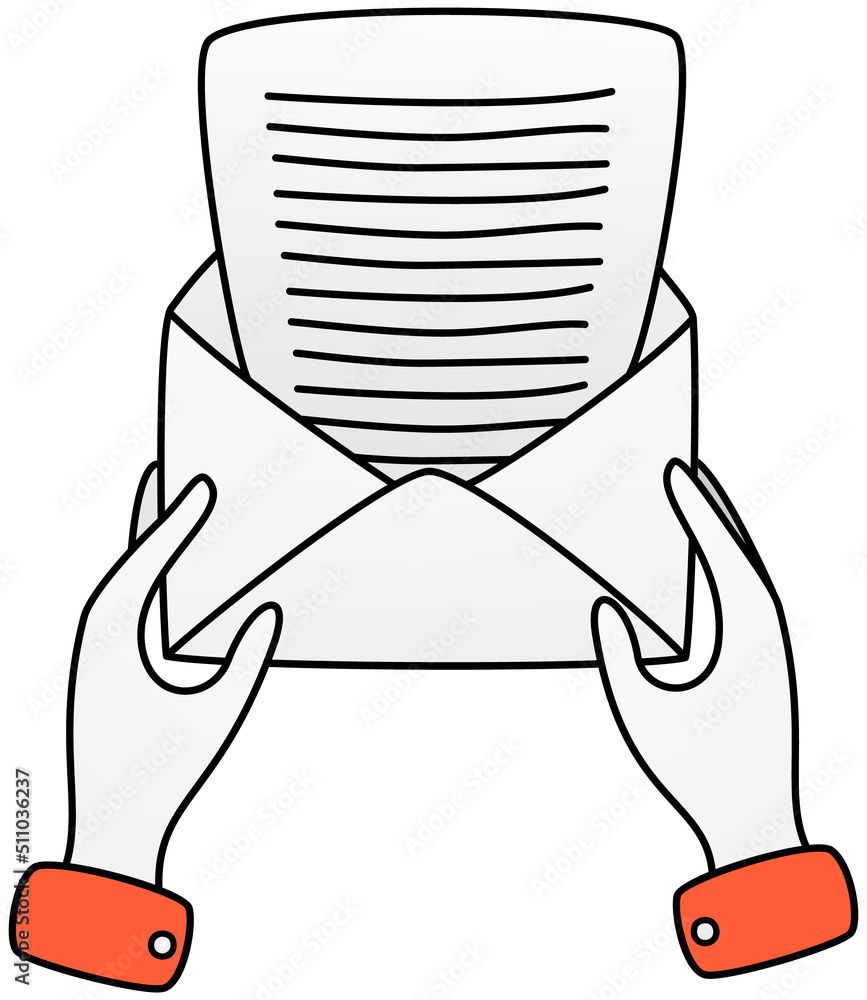 Poster hands pull sheet of paper from envelope. mailing, communication via mail concept. envelope with lett