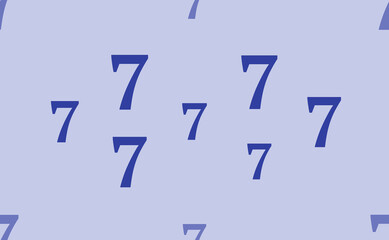 Seamless pattern of large isolated blue number seven symbols. The pattern is divided by a line of elements of lighter tones. Vector illustration on light blue background