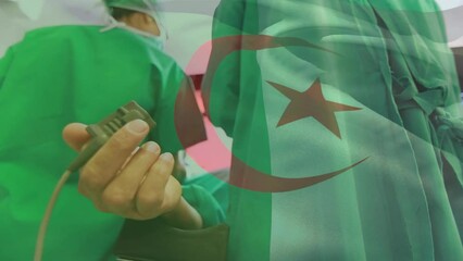 Animation of flag of algeria over surgeons with caucasian patient - Powered by Adobe