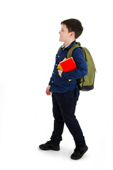 Fototapeta premium 1-september concept. Back to school. Full length, legs, body, size vertical profile side view photo of teenage boy isolated on white background with backpack on shoulders and books in hand. Side view.