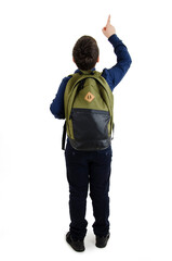 Back to school concept. Beautiful schoolboy with backpacks pointing at wall. Back view. Isolated on white background. Full length. Modern fashion teenage boy pointing on copy space