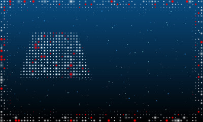 On the left is the trapezoid symbol filled with white dots. Pointillism style. Abstract futuristic frame of dots and circles. Some dots is red. Vector illustration on blue background with stars