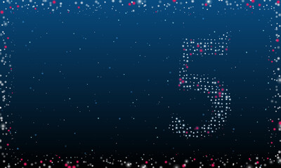 Obraz premium On the right is the number five symbol filled with white dots. Pointillism style. Abstract futuristic frame of dots and circles. Some dots is pink. Vector illustration on blue background with stars