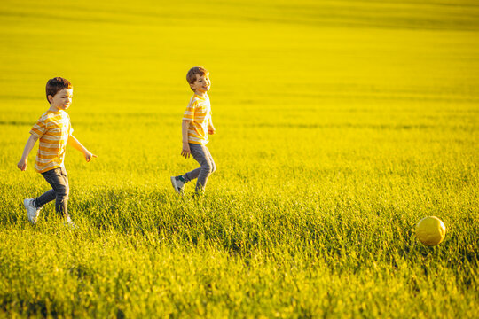 Brothers Playing Football At A Green Meadow