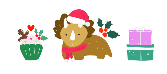 Cute Christmas dinosaur. Hand drawn cartoon Triceratops with mistletoe and red hat and scarf vector winter holiday illustration.