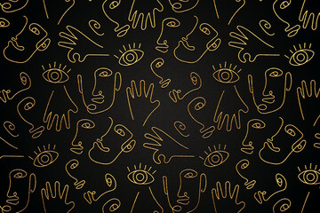 Seamless pattern of golden face one line art