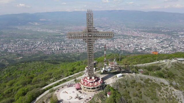 Drone view at Skopje from mount Vodno on Macedonia