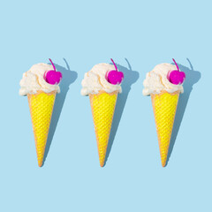 Summer creative pattern with painted  ice cream cones and painted cherries on pastel blue...