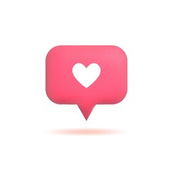 3d like icon with heart, social media notification, speech bubble. Button isolated on white background, vector illustration