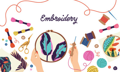 Creative embroidery  workshop. Template banner educational courses. Vector hand drawn illustration in cartoon flat style.