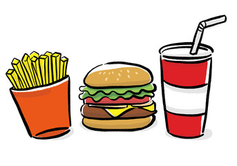 ハンバーガーとドリンクとポテトのセットの手描きイラスト/白背景