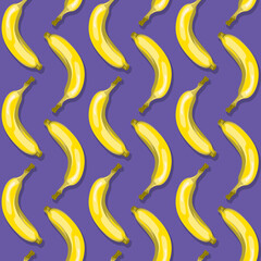 Seamless pop art pattern with bananas on purple background