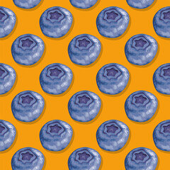 Seamless pop art pattern with blueberries on orange background