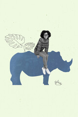 Composite vertical collage picture of positive girl black white gamma sitting drawing rhino...