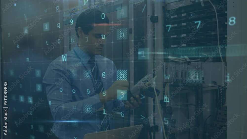 Poster animation of cyber attack text and data processing over caucasian male it technician by server