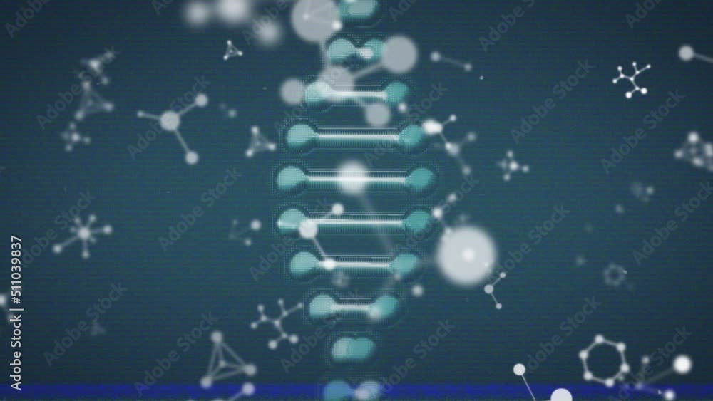 Poster dna structure spinning and molecular structures floating against blue background