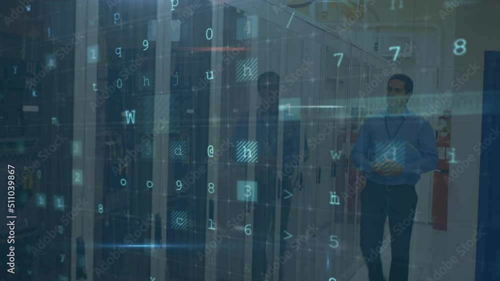 Poster animation of cyber attack text and data processing over caucasian male it technician by server