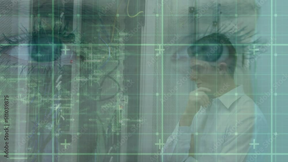 Poster animation of data processing over caucasian male it technician by server