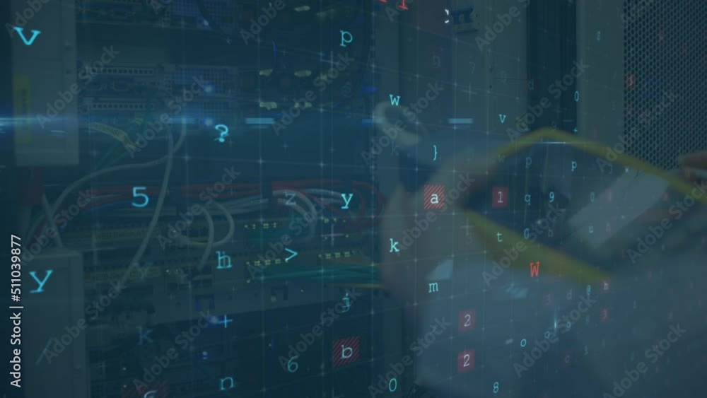 Poster animation of cyber attack text and data processing over caucasian male it technician by server