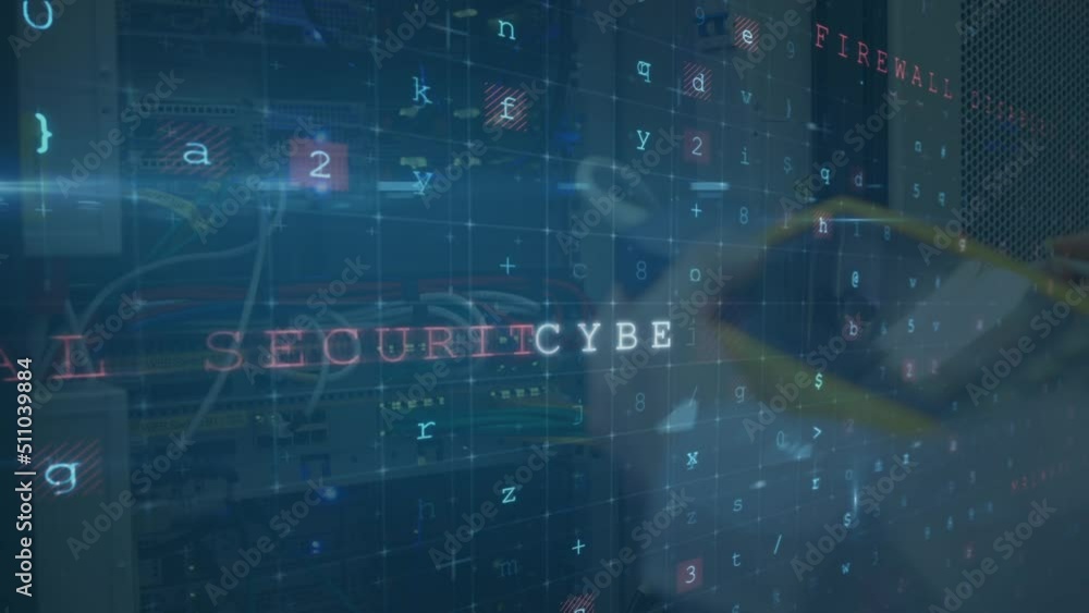 Poster animation of cyber attack text and data processing over caucasian male it technician with server