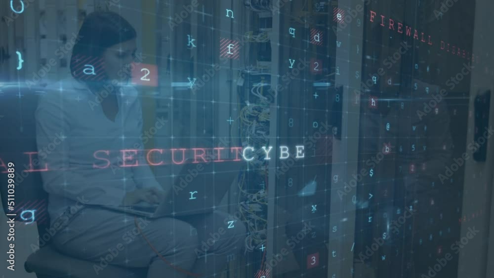 Poster animation of cyber attack text and data processing over caucasian female it technician with laptop