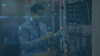 Animation of cyber attack text and data processing over caucasian male it technician by server - Powered by Adobe
