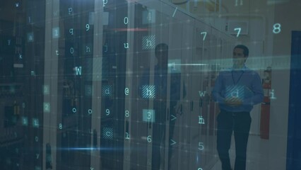 Animation of cyber attack text and data processing over caucasian male it technician by server - Powered by Adobe