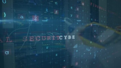 Animation of cyber attack text and data processing over caucasian male it technician with server - Powered by Adobe