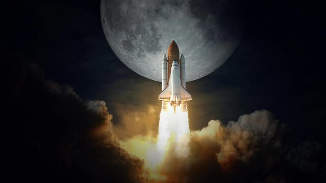 Space Shuttle takes off to moon. Elements of this image furnished by NASA.