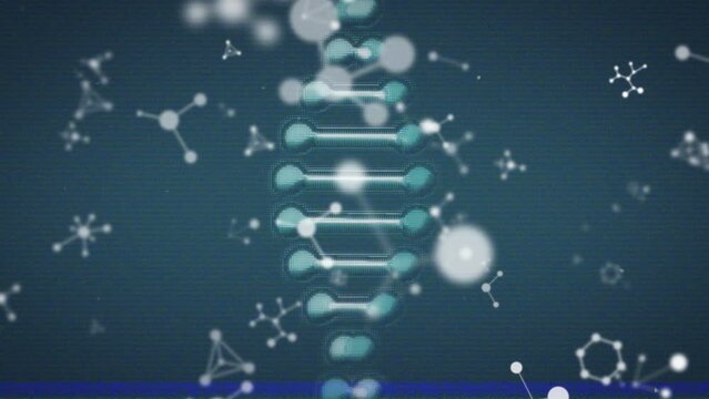Dna structure spinning and molecular structures floating against blue background