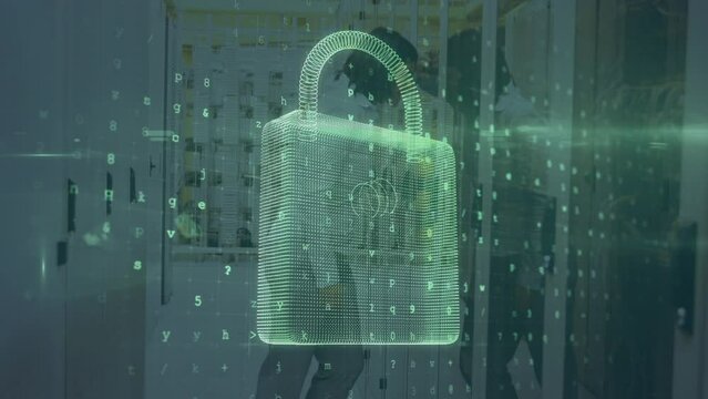Animation of cyber attack text and padlock over caucasian female it technician by server - Powered by Adobe