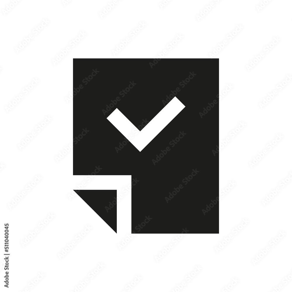 Aufkleber file with check mark solid icon. document created successfully glyph vector symbol.