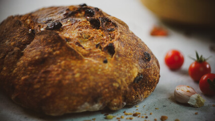 vegetables with fresh organic fruits and vegetable food. healthy diet rustic farmhouse style homemade bread red Himalayan salt