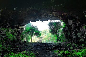 제주도 성읍녹차밭에 있는 자연동굴의 풍경이다.