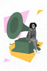 Fototapeta na wymiar Creative 3d photo artwork graphics painting of lady sitting big gramophone isolated drawing background