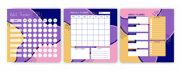 Templates of habit tracker, weekly planner, month planner. A planner for the organization of time. Abstract background. Vector.