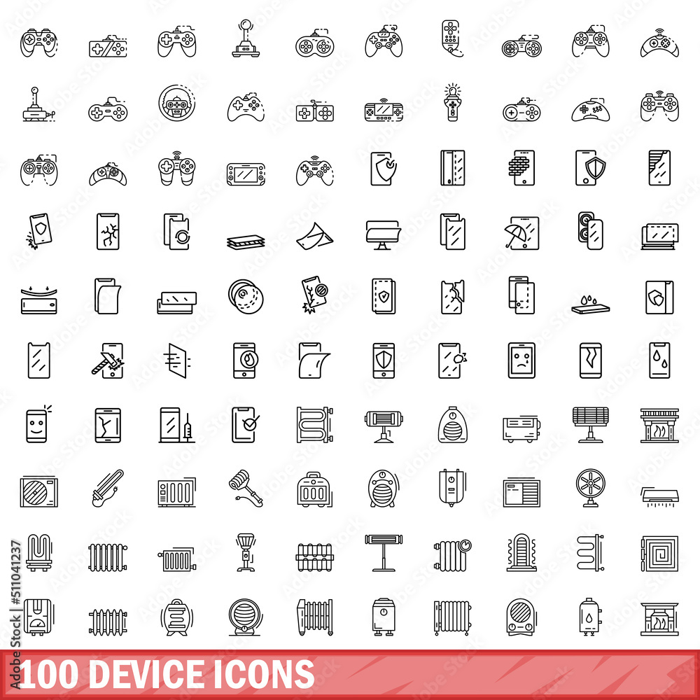 Poster 100 device icons set. outline illustration of 100 device icons vector set isolated on white backgrou
