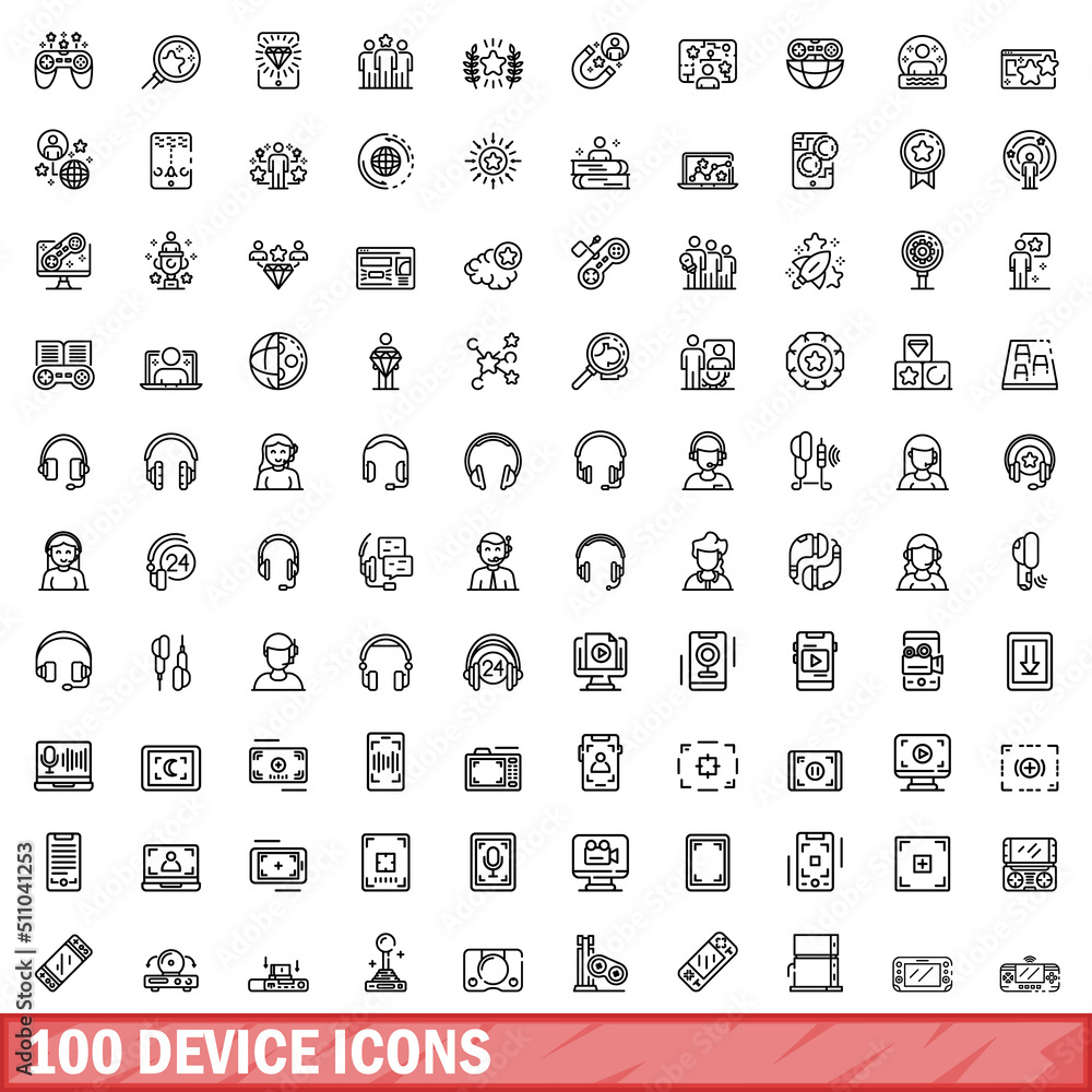 Poster 100 device icons set. outline illustration of 100 device icons vector set isolated on white backgrou