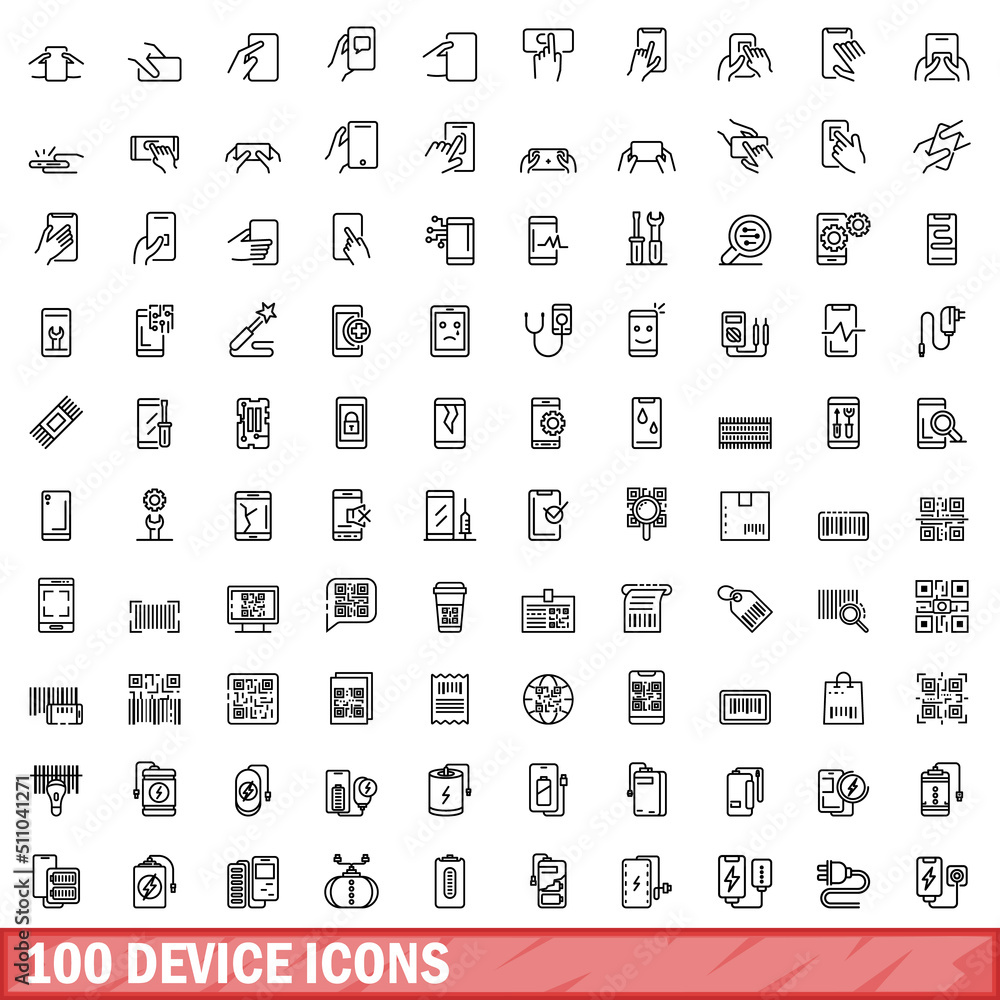Poster 100 device icons set. outline illustration of 100 device icons vector set isolated on white backgrou