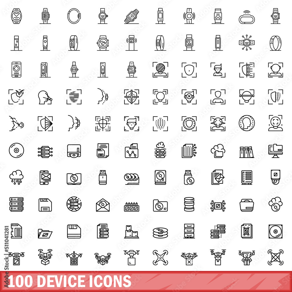 Poster 100 device icons set. outline illustration of 100 device icons vector set isolated on white backgrou