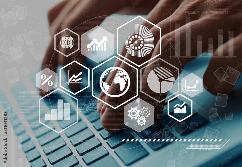 Poster intelligence and business analytics concept. man designer working on laptop computer