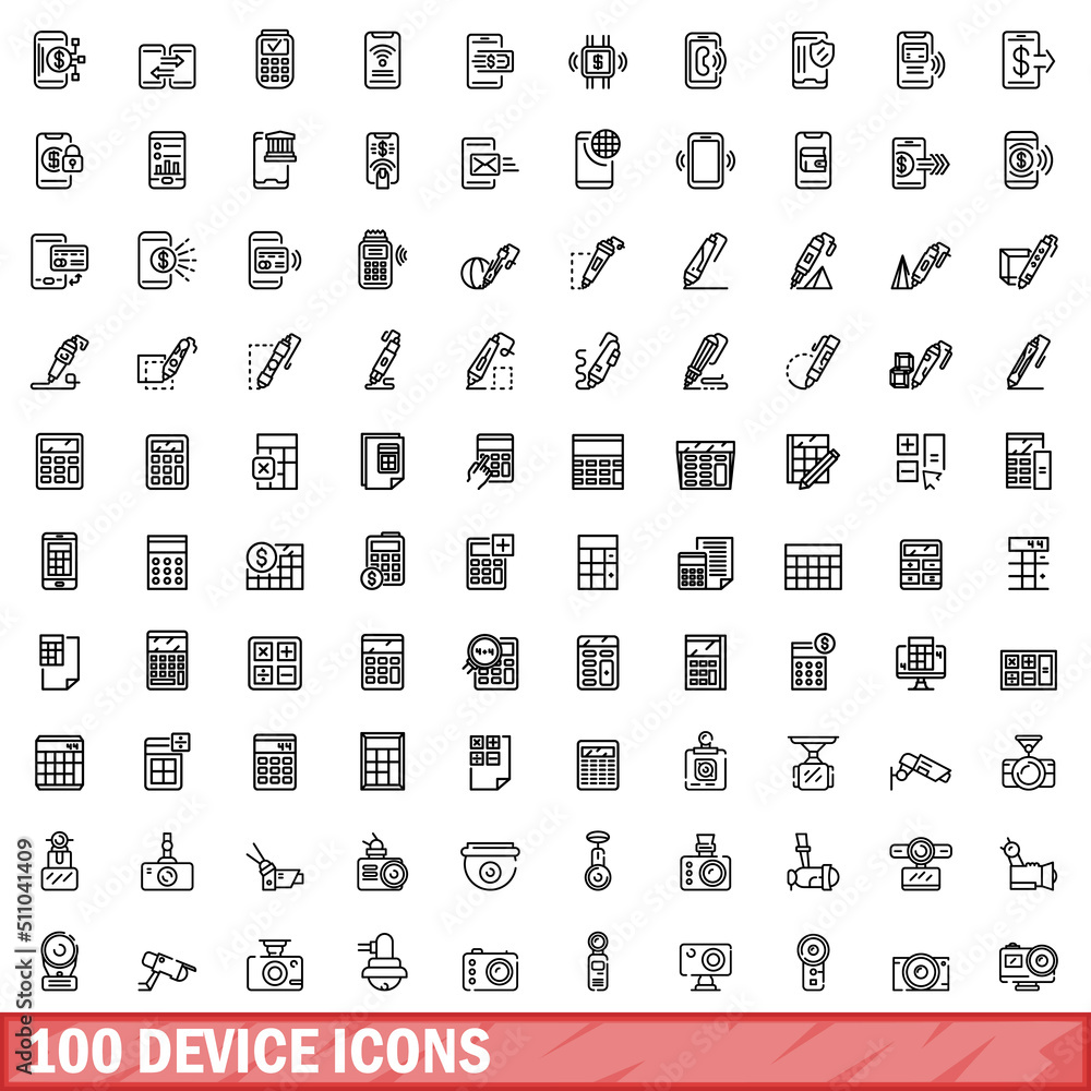 Poster 100 device icons set. outline illustration of 100 device icons vector set isolated on white backgrou